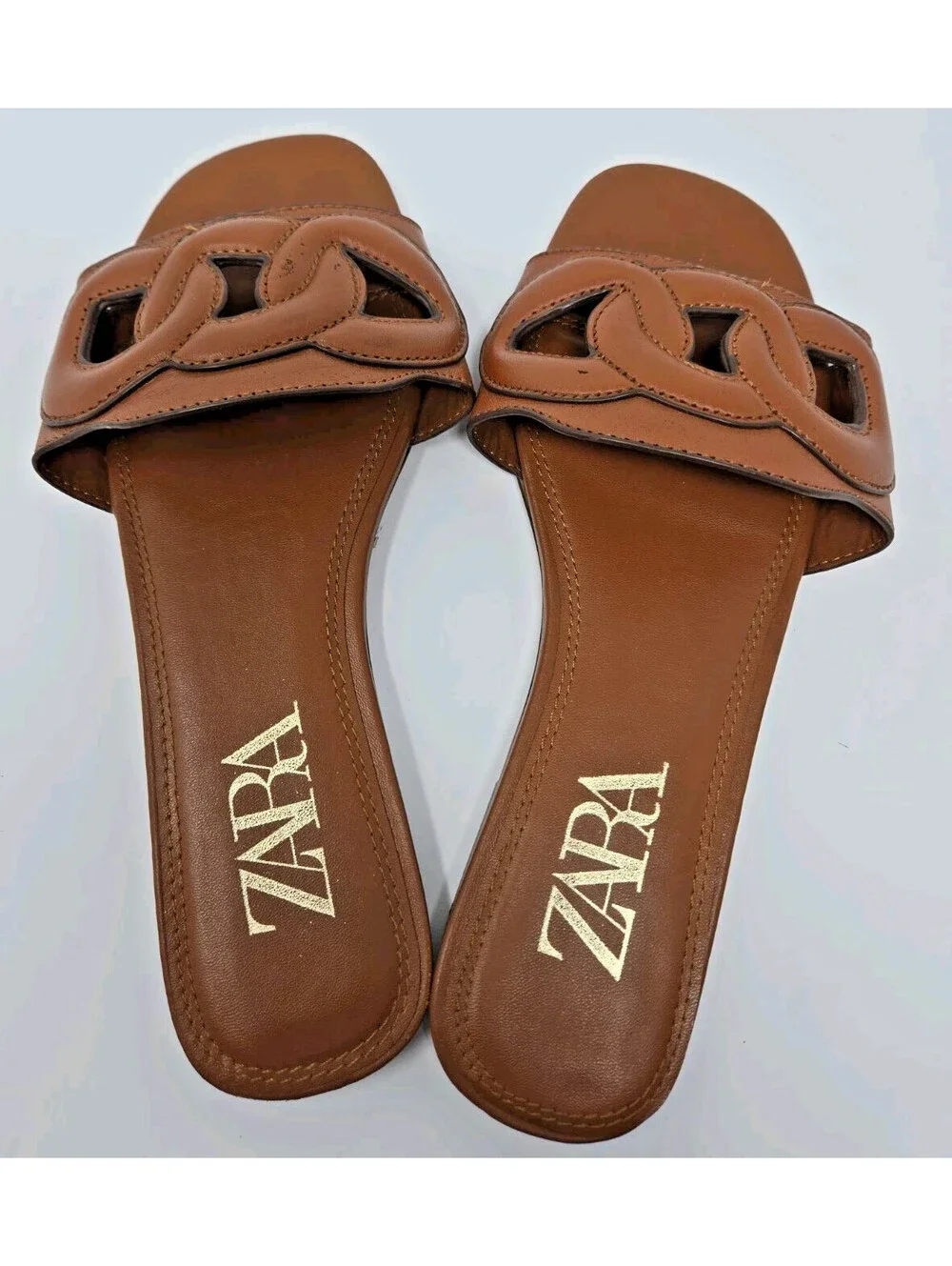 Zara Leather Flat Slides Brown Size 6 / 36 Easy Summer Sandals